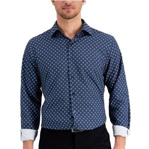 New Alfani Men's Slim Fit 4-Way Geo-Print Dress Shirt Navy White NECK 15-15½